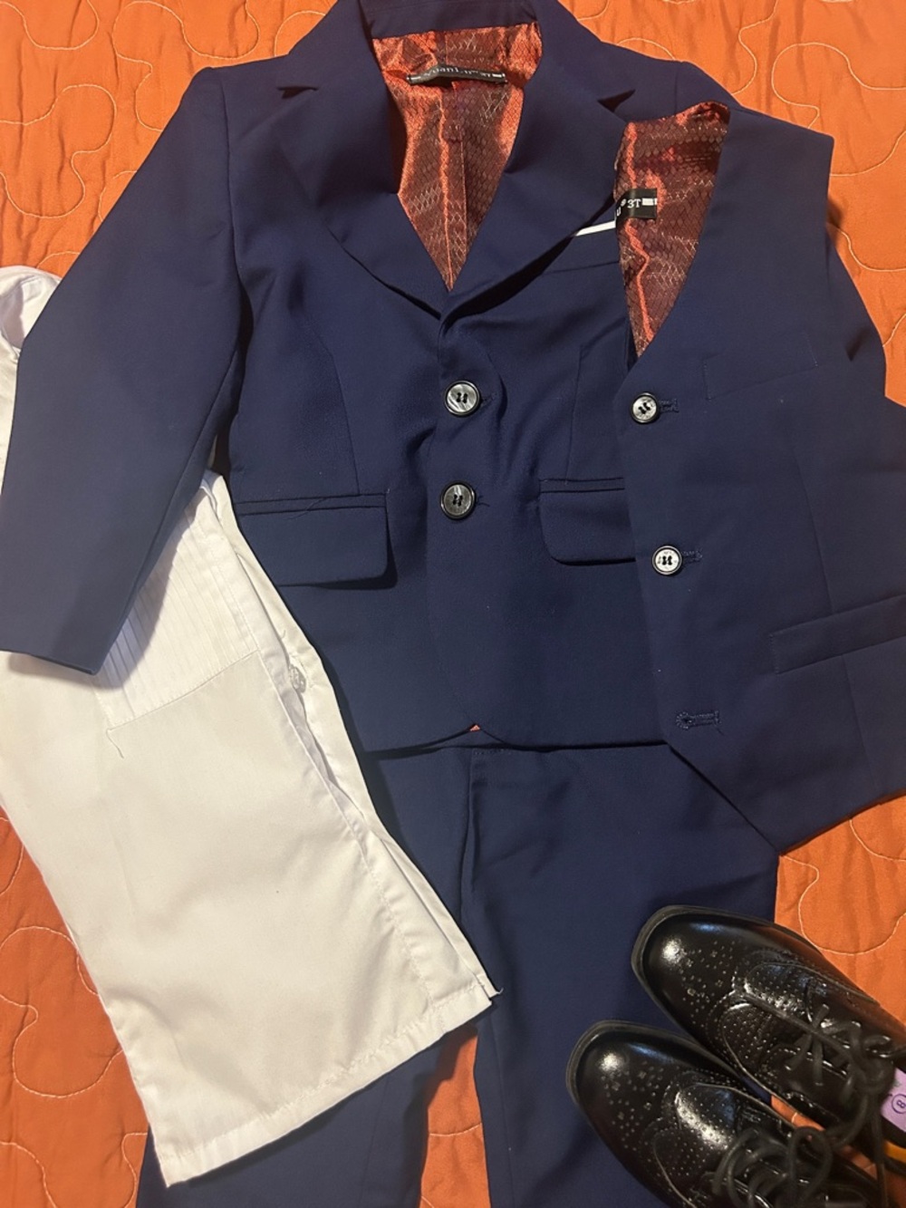 Worn1x Yuan Lu Boys Navy 3-Piece Tuxedo Suit - Size 3T & Shoes - Size 8 - Picture 7 of 10